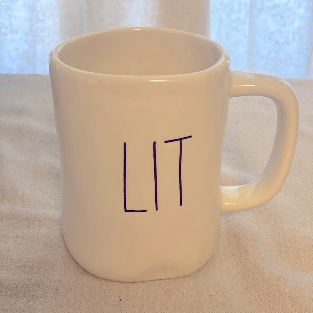 White dimpled Rae Dunn LIT mug